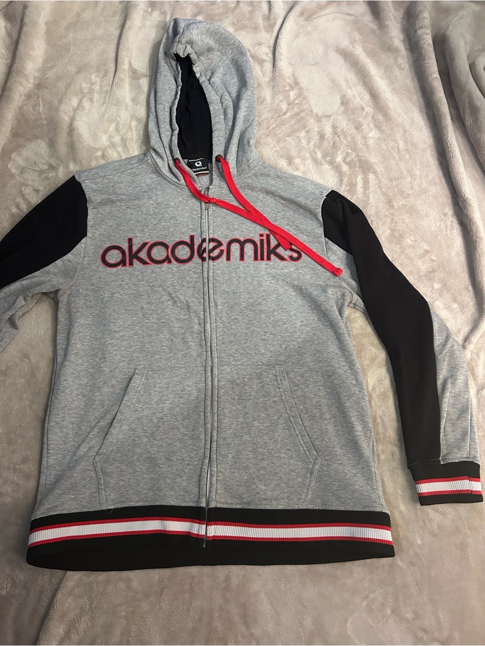 Akademiks mens Gray Zip-Up Hoodie with Black Sleeves and stripes vintage